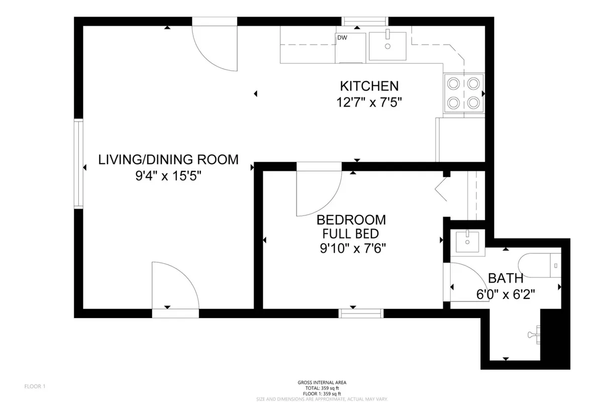 This interior shot showcases a self-contained cottage, with sightlines from the kitchen into the living/dining room, bedroom, and bathroom. The space is inviting and well-coordinated, conveying comfort and privacy for both guests and their pets. Cozy furnishings and thoughtful layout make it easy to imagine relaxing together after a day out.